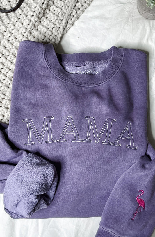 MAMA Embroidered Crew with Flamingo